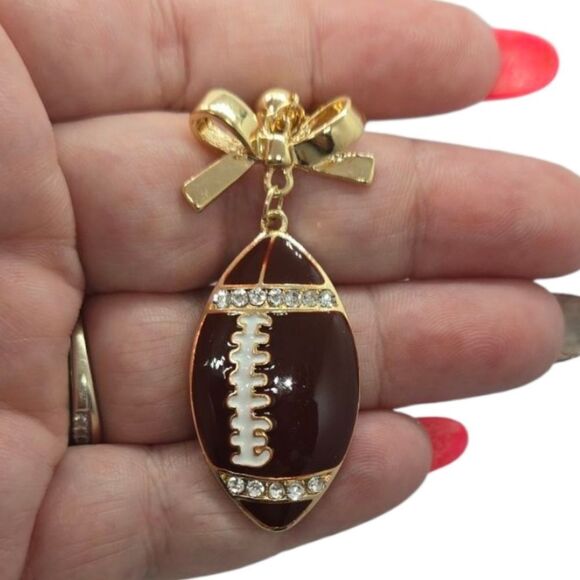 Rhinestone Football Earrings Women's Brown Enamel Gold Dangle Jewelry Pierced - Picture 7 of 7